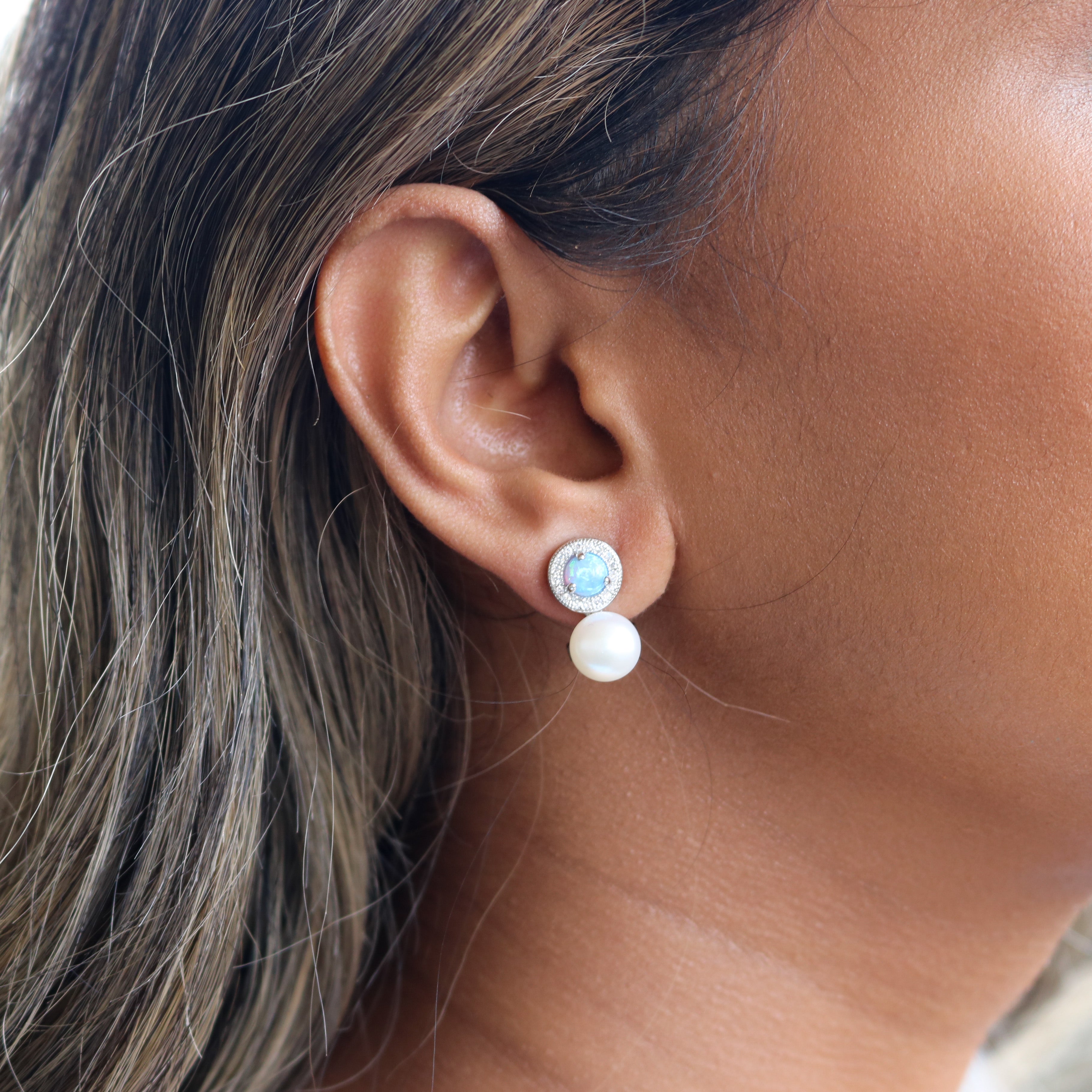 SILVER OPAL/PEARL/CZ POST EARRING