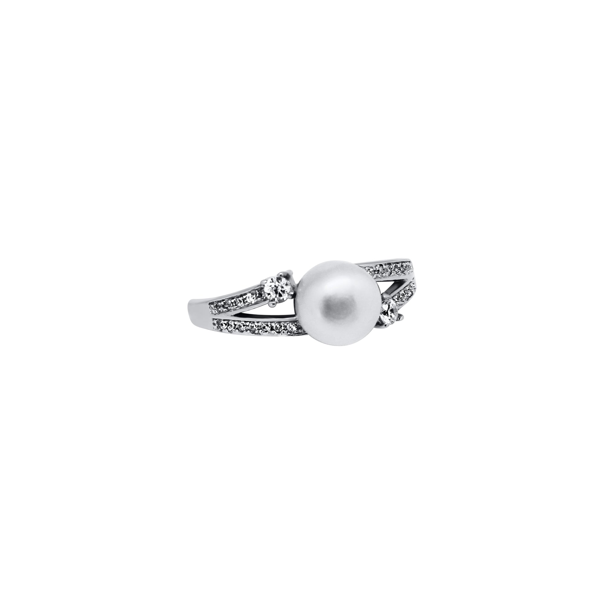 Sterling Silver CZ 2 Line Pearl Center Ring