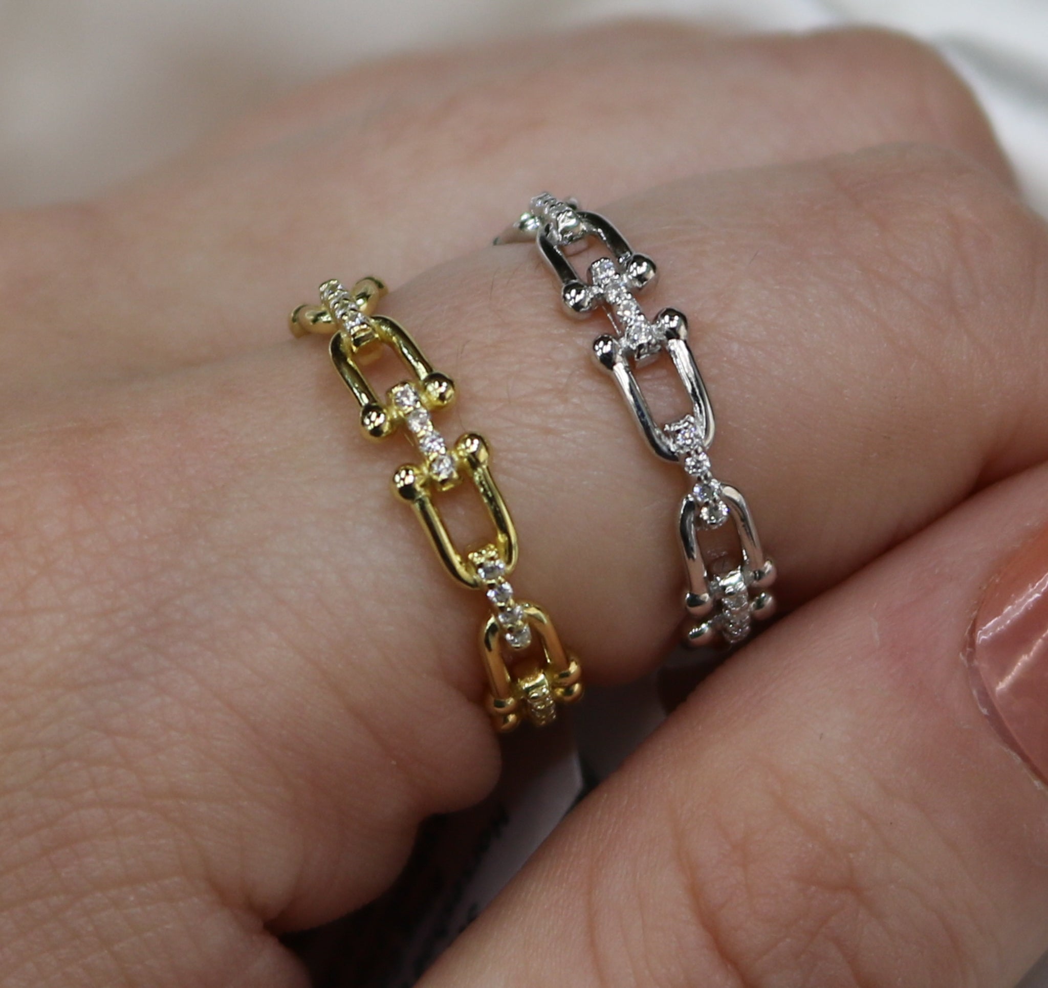 Sterling Silver Horseshoe Link CZ Ring