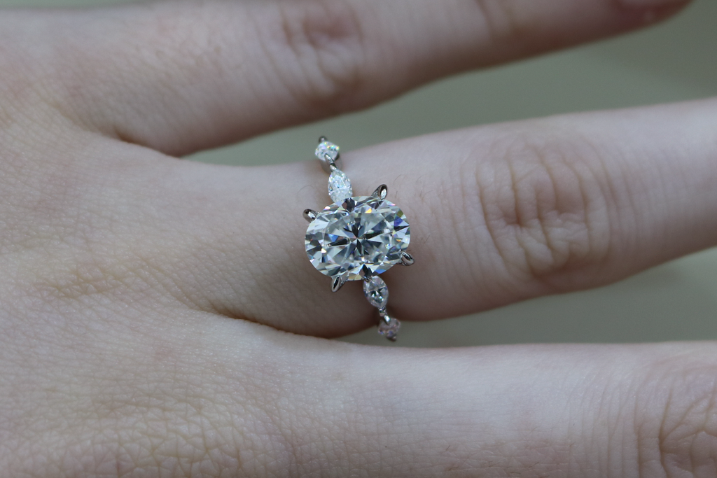 Sterling Silver 2.0ct Oval Moissanite W/ Marquise Accents Engagement Ring