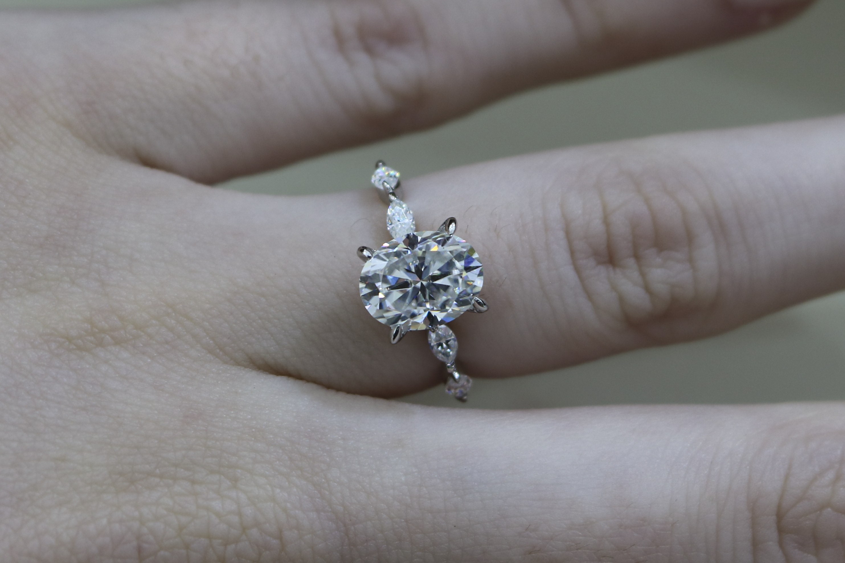 Sterling Silver 2.0ct Oval Moissanite W/ Marquise Accents Engagement Ring