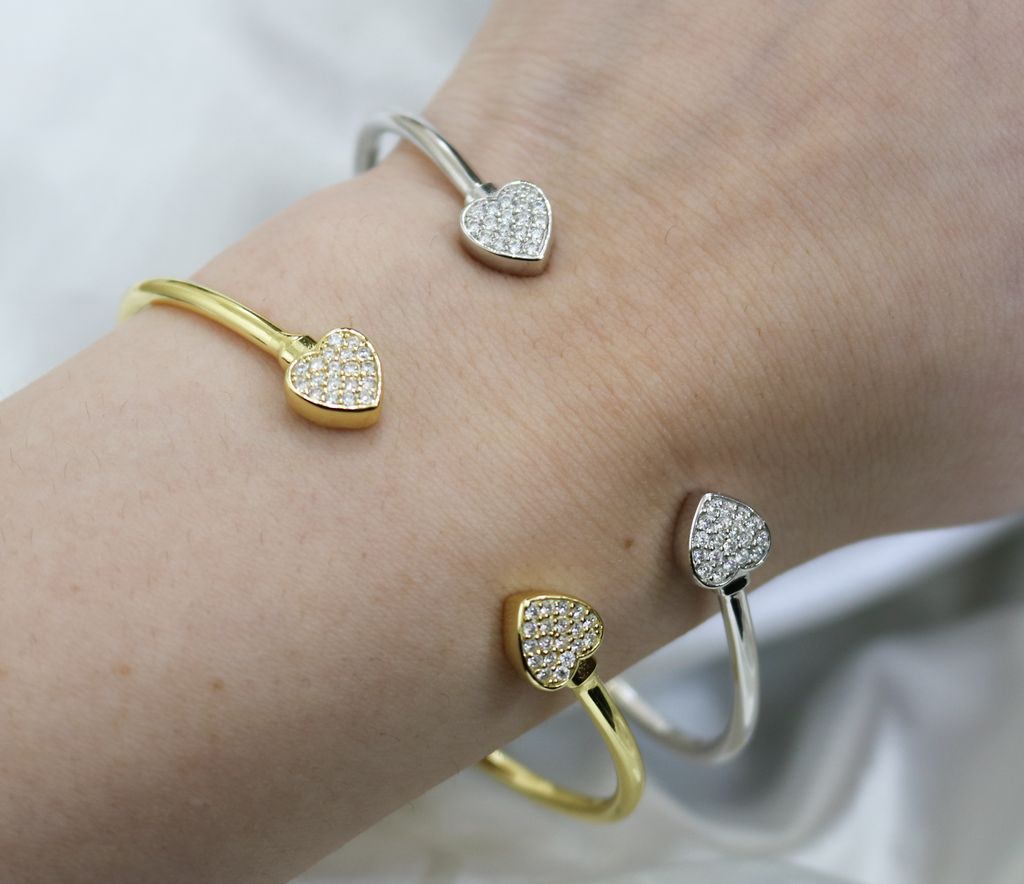 Sterling Silver Moissanite Pave Heart Open Cuff Bangle