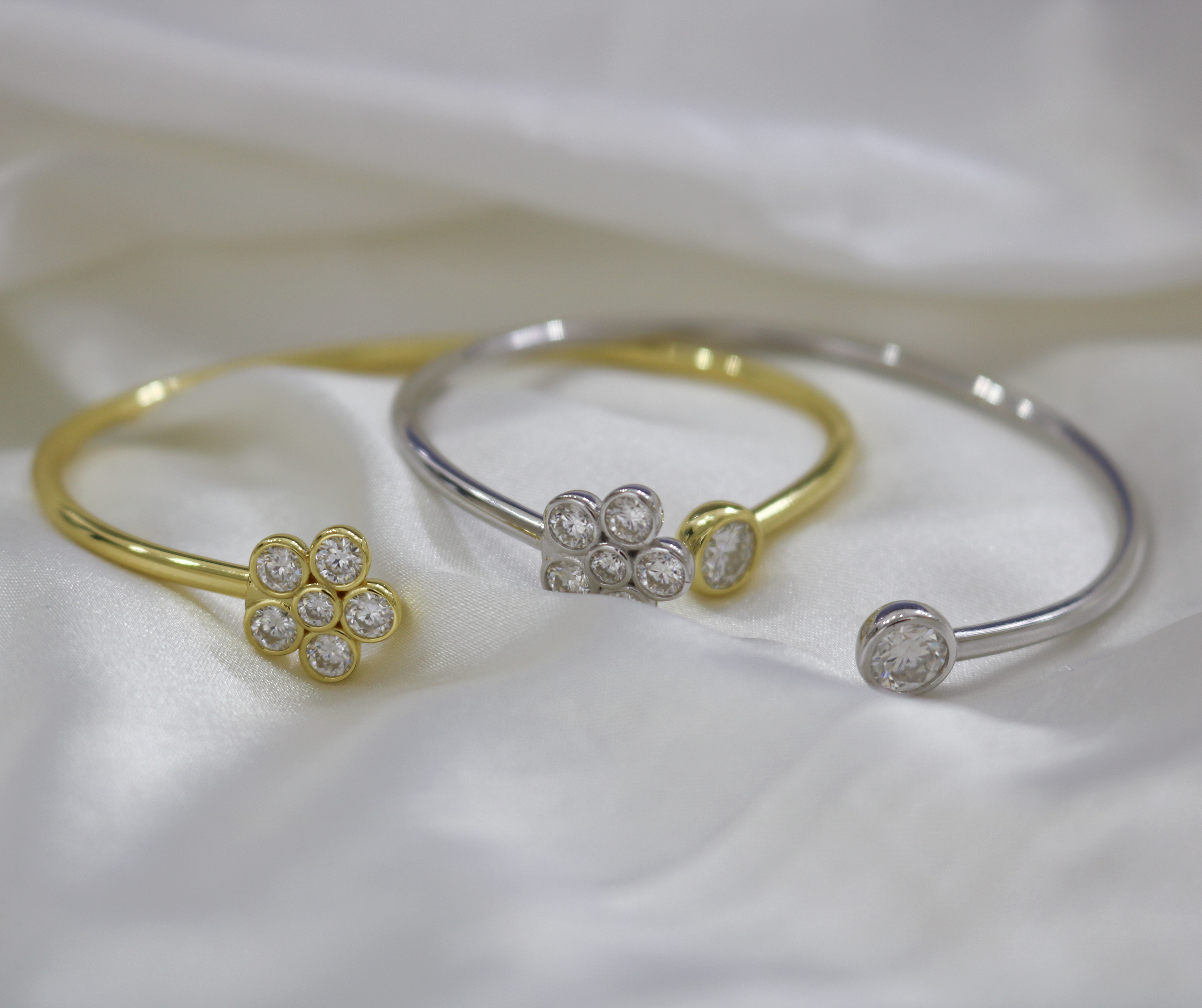 Sterling Silver Moissanite Flower Open Cuff Bangle