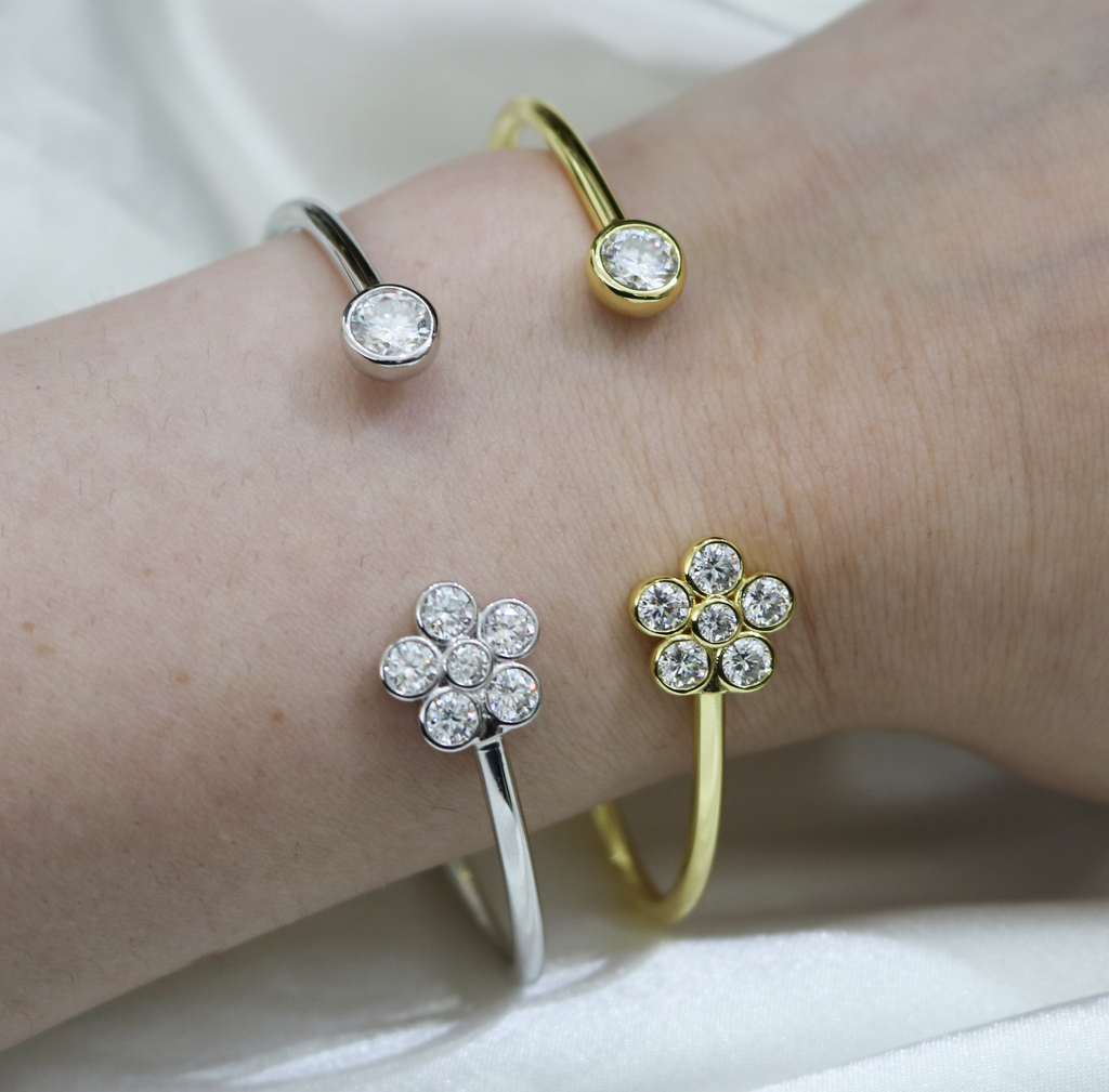 Sterling Silver Moissanite Flower Open Cuff Bangle