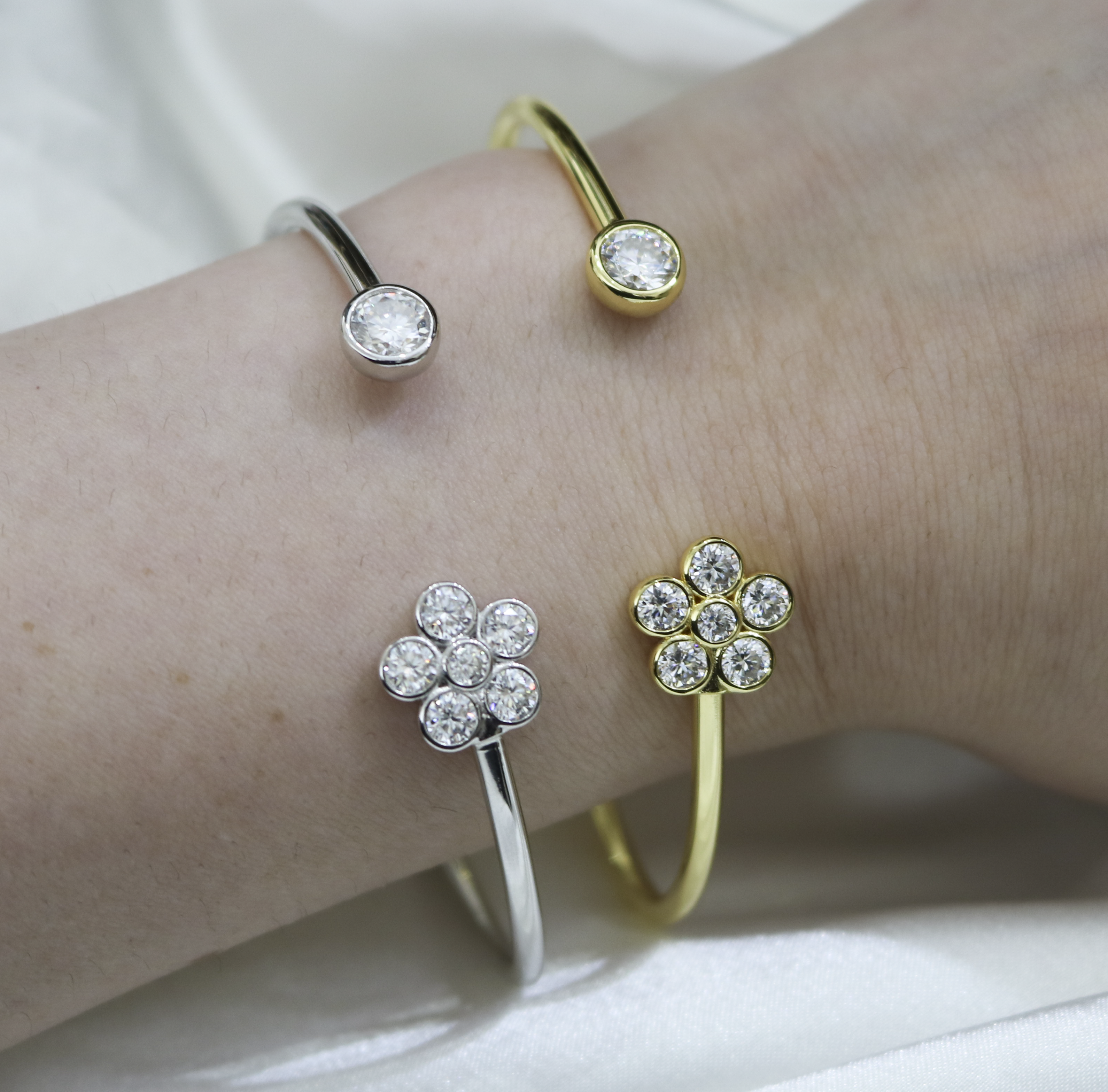 Sterling Silver Moissanite Flower Open Cuff Bangle