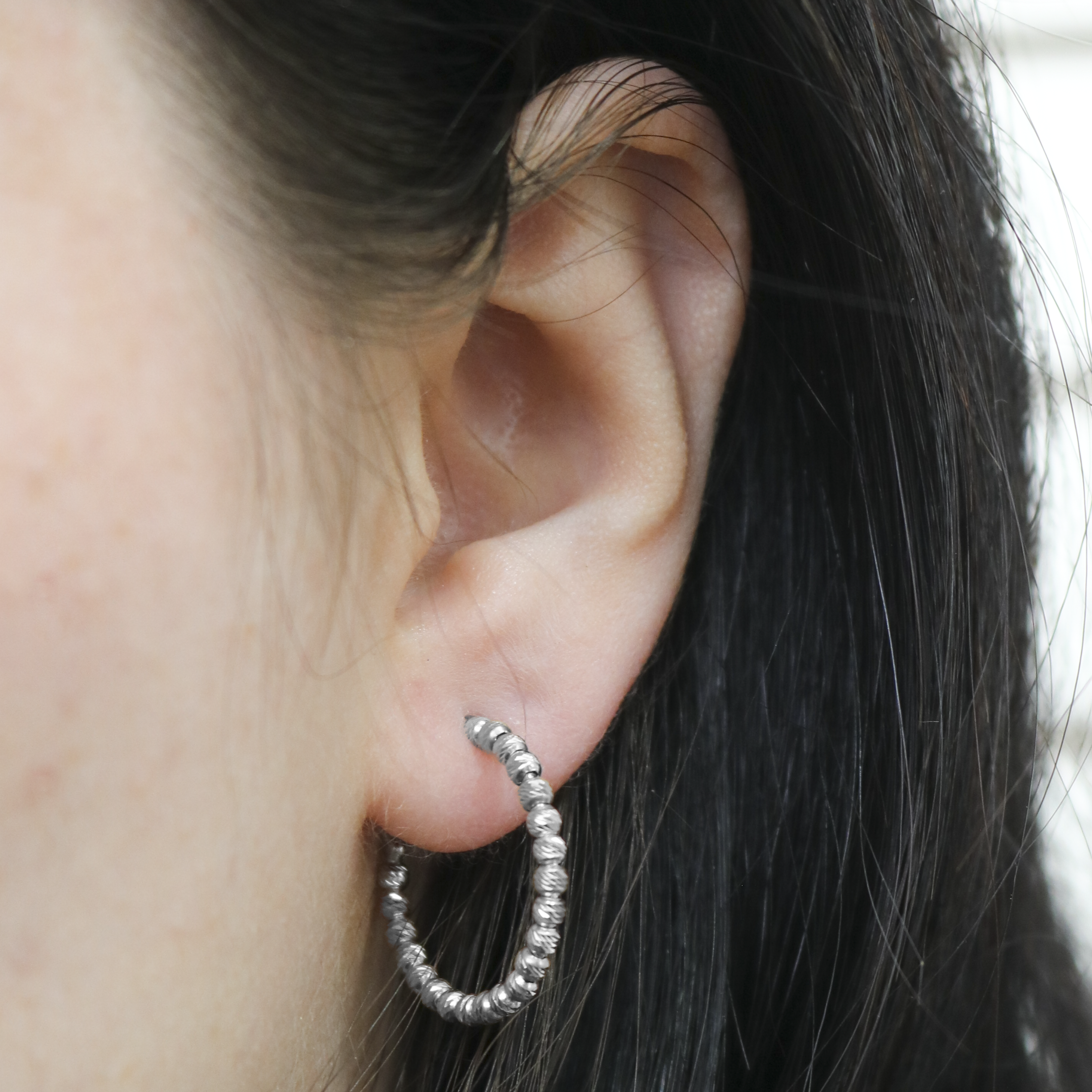 Sterling Silver Round Diamond Cut Bead Post Hoop Earrings
