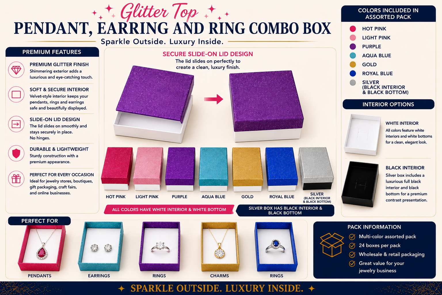 Glitter Top  Large Pendant, Earring, And Ring Combo Box