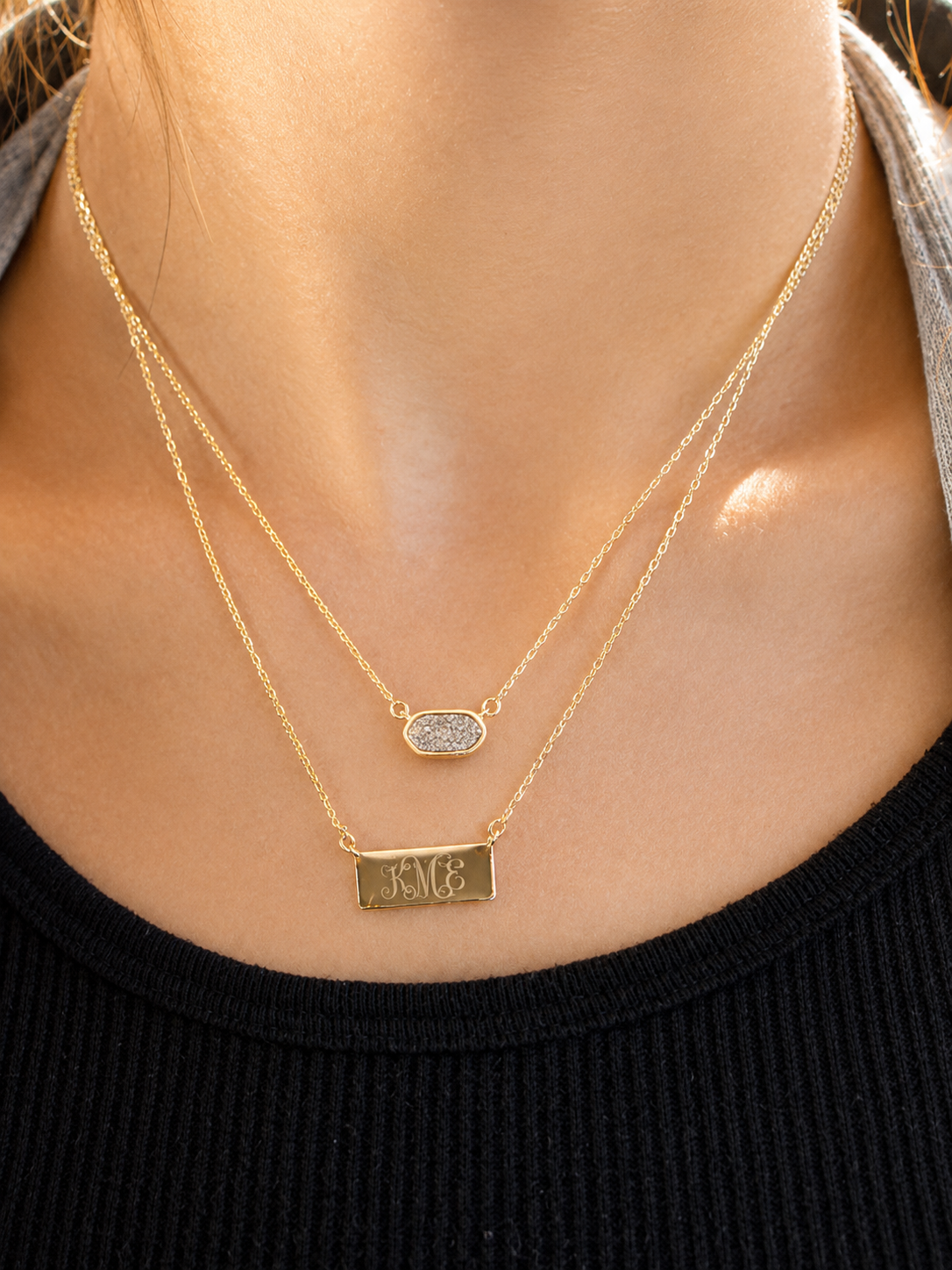 Sterling Silver Layered Druzy Engraved Necklace