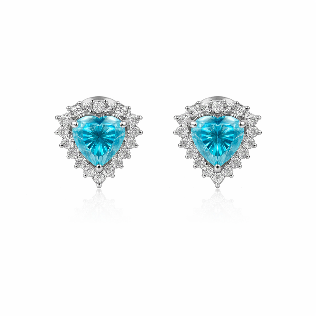 Sterling Silver 3.18 CTW Moissanite Blue Heart Clear Halo Stud Earrings
