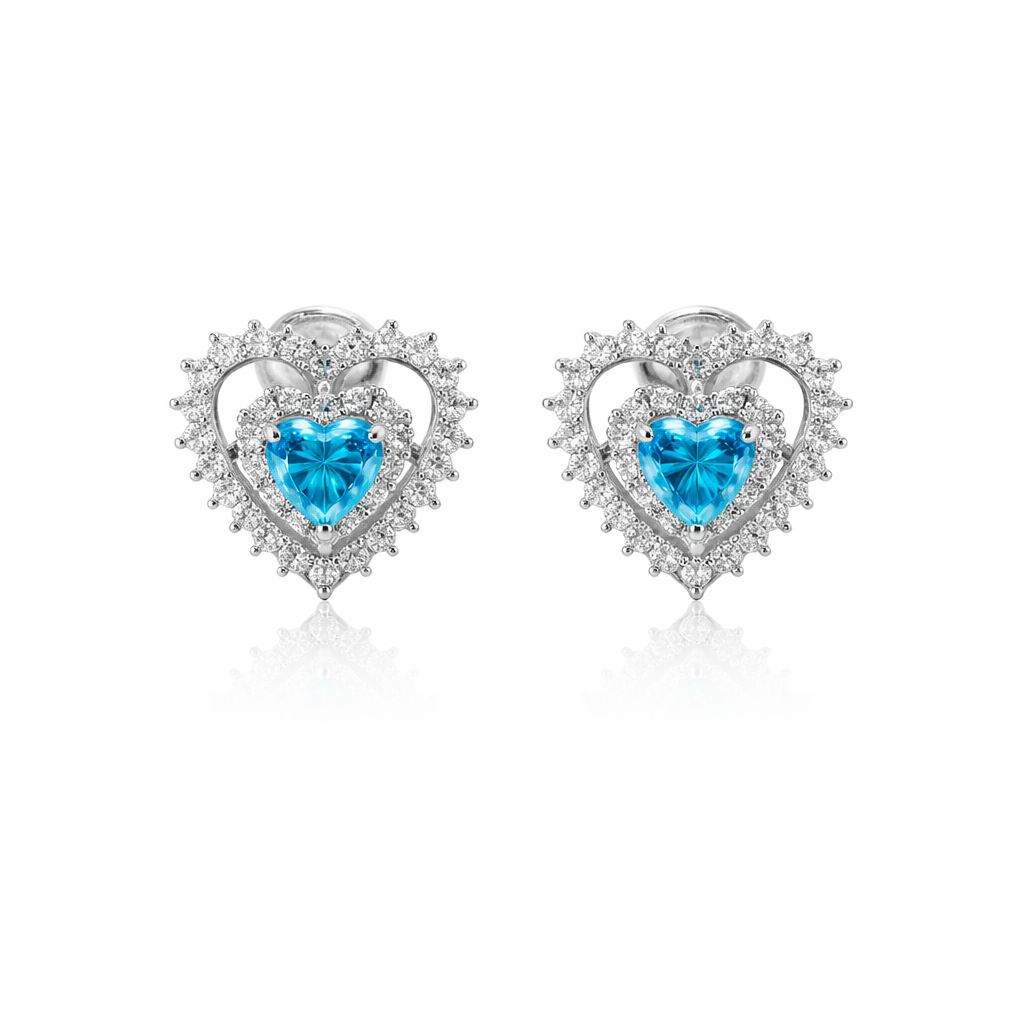 Sterling Silver 2.58 CTW Moissanite Blue Stone Clear Halo Heart Earrings