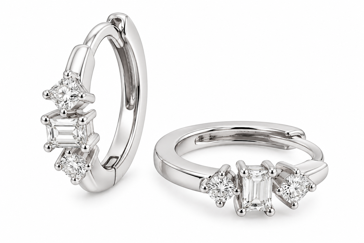 Sterling Silver Moissanite 3 Stone Dainty Huggie Hoop Earrings - 0.35 CTW VVS D