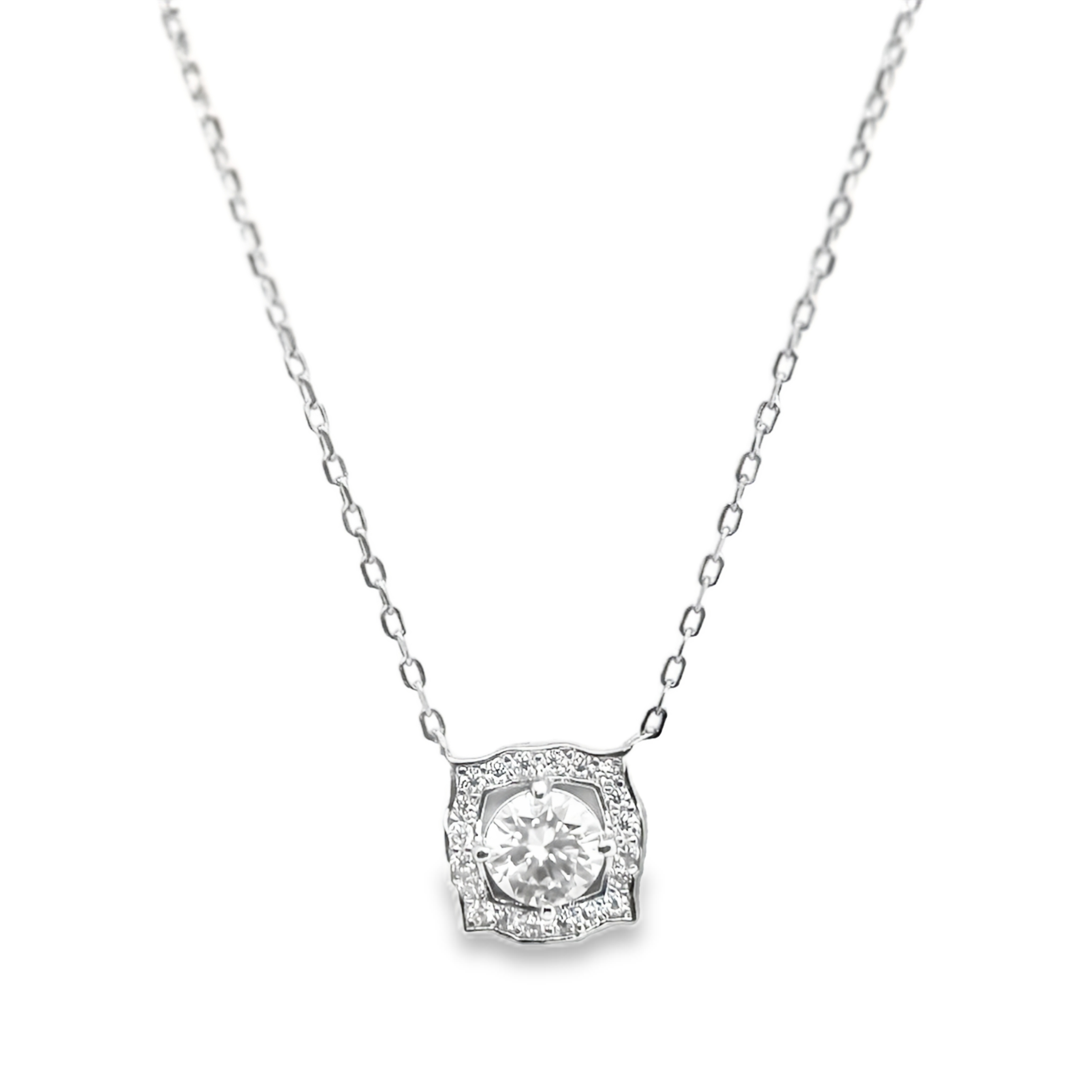 Sterling Silver Round 6MM 0.8CT Moissanite W/ Square Halo Necklace