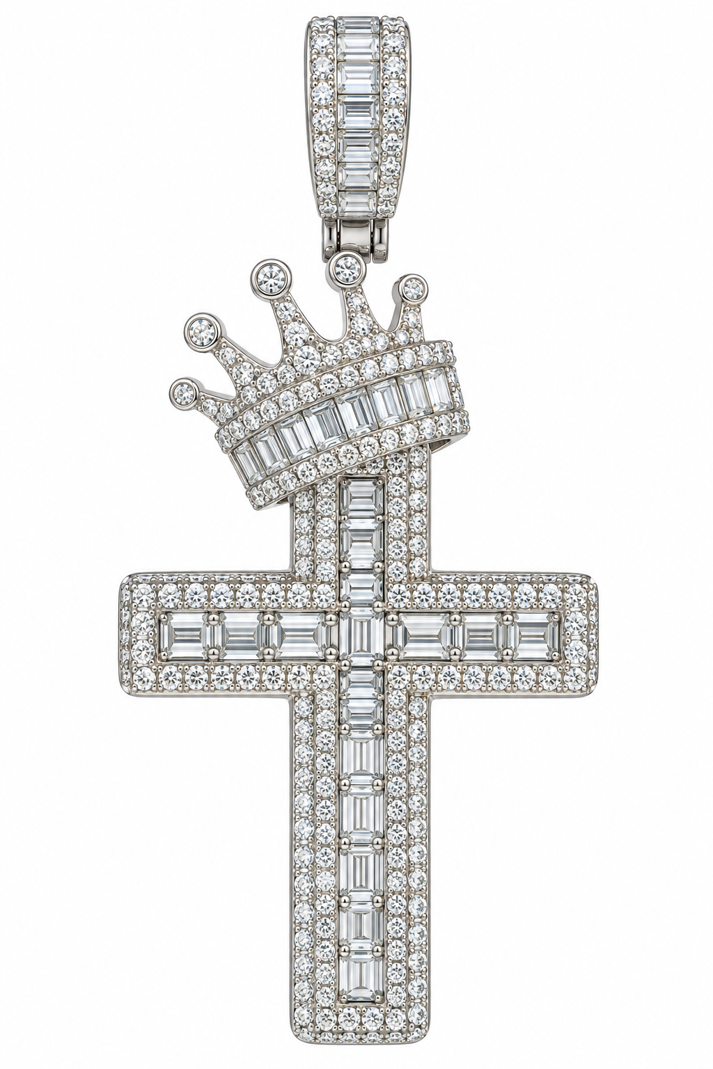 Sterling Silver Moissanite Cross W/ Crown Pendant - 3.37 CTW