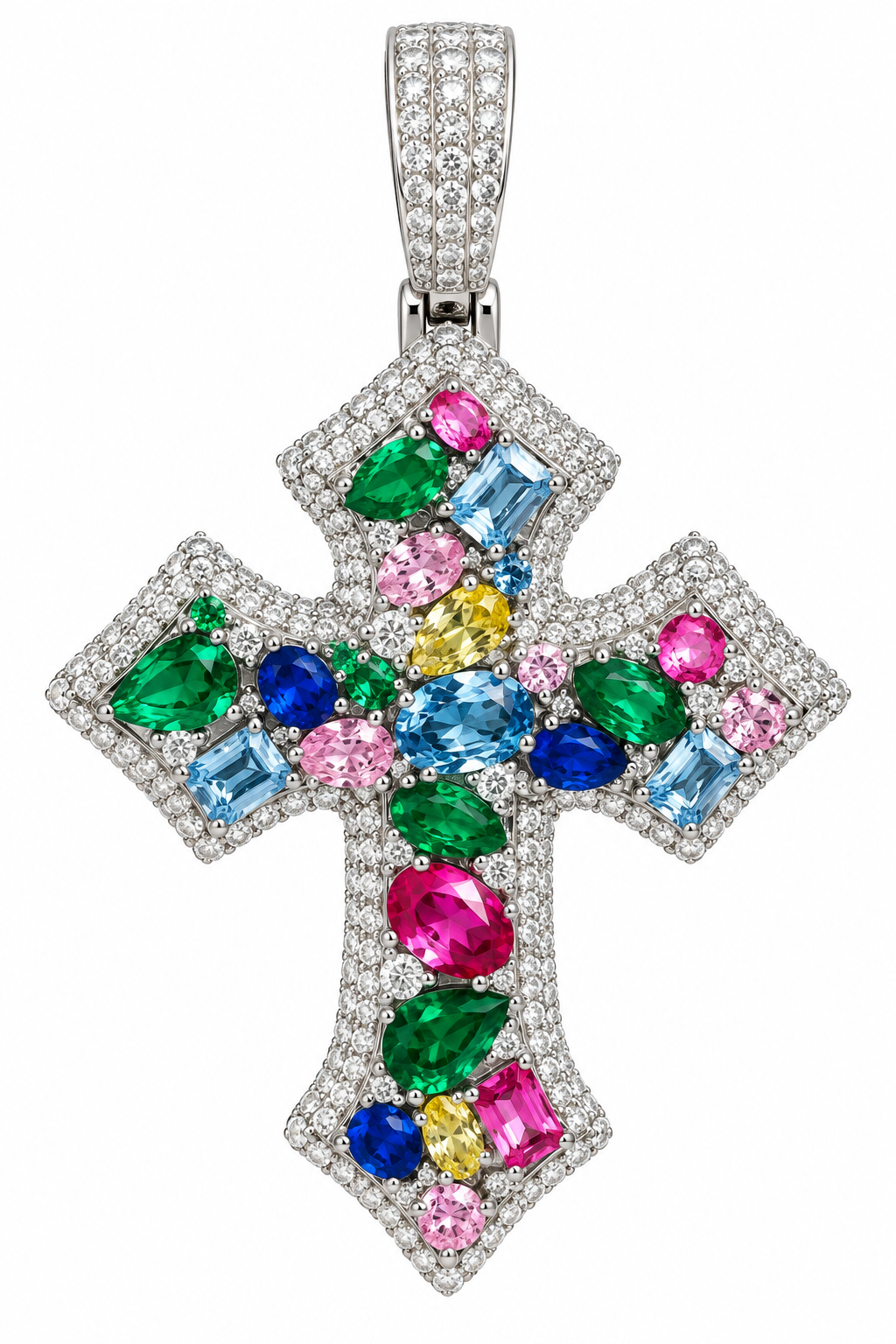 Sterling Silver Clear Moissanite / Multicolor CZ Cross Pendant - 2.7 CTW VVS D
