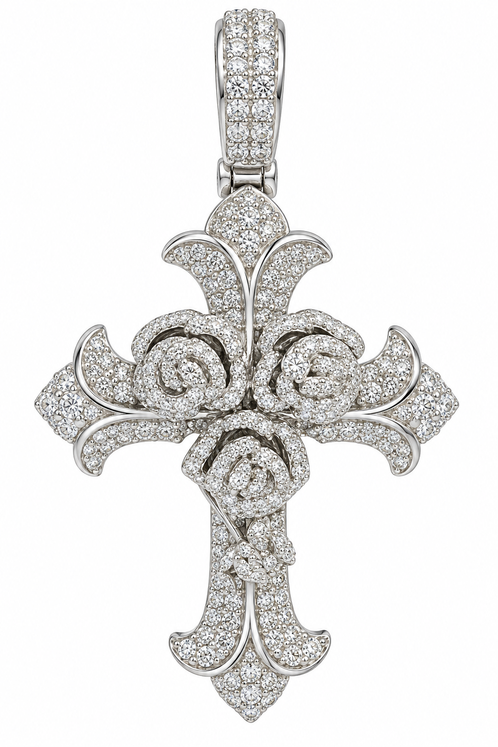 Sterling Silver Moissanite Cross W/ Roses Pendant - 1.76 CTW VVS D