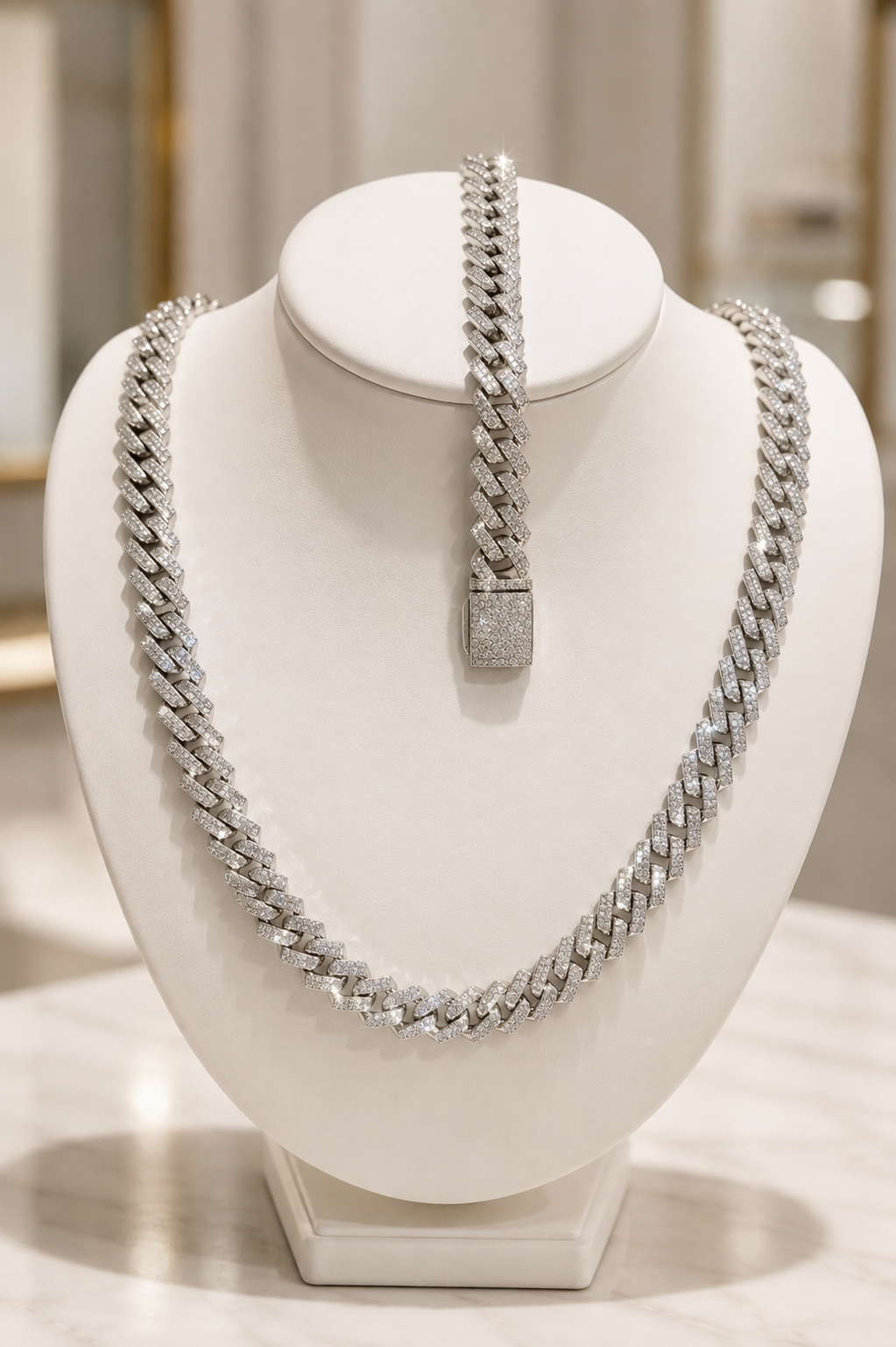 A silver-toned Cuban link chain necklace displayed on a white jewelry bust, with a matching rectangular chain bracelet draped over the neck area. The jewelry is shown against a softly blurred indoor boutique background.