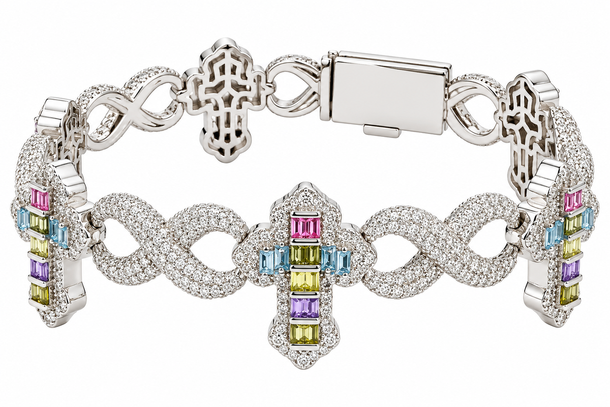 Sterling Silver Clear Moissanite / Multicolor CZ Cross Infinity Link Bracelet - 8" 8.56 CTW VVS D