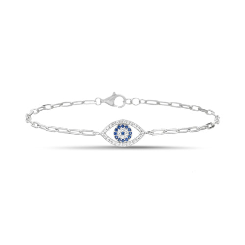 Sterling Silver CZ Evil Eye Paperclip Chain Bracelet (7"+1")