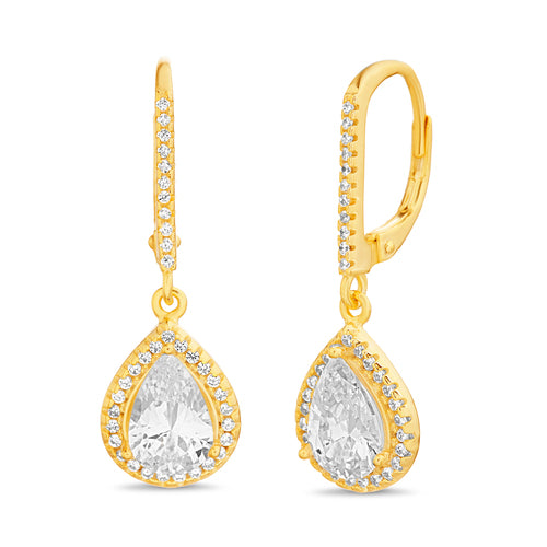 Sterling Silver Dangling Pear Shape CZ Halo Lever Back Earrings
