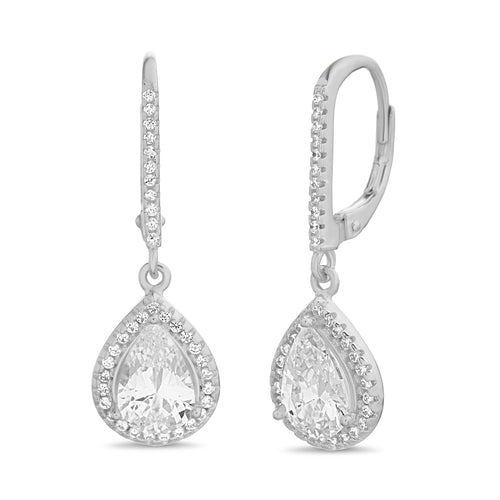 Sterling Silver Dangling Pear Shape CZ Halo Lever Back Earrings