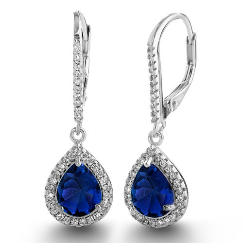 Sterling Silver Dangling Pear Shape CZ Halo Lever Back Earrings