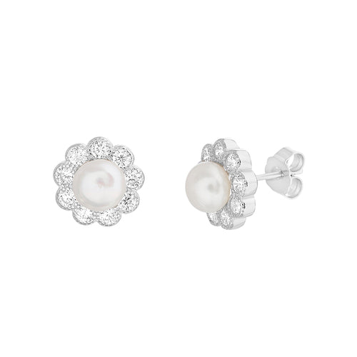 Sterling Silver Pearl CZ Flower Stud Earrings