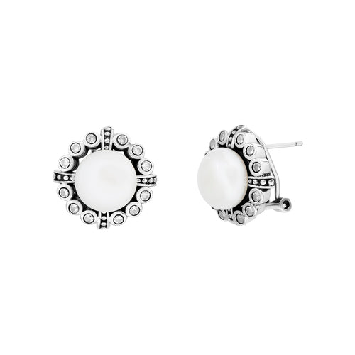 Sterling Silver CZ Beaded Border Pearl Clip-On Earrings