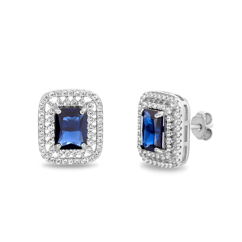 Sterling Silver Emerald Cut Sapphire CZ Halo Stud Earrings
