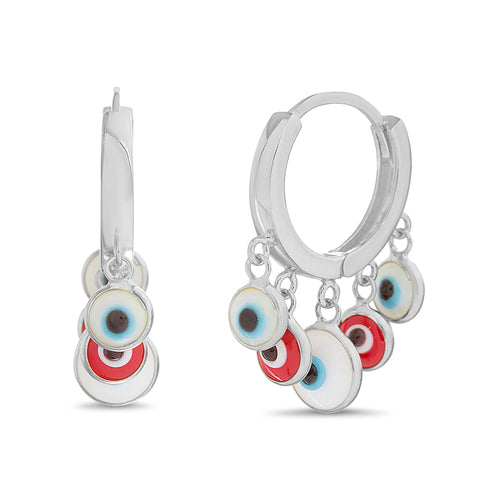 Sterling Silver Dangling Red & White Evil Eye Huggie Earrings