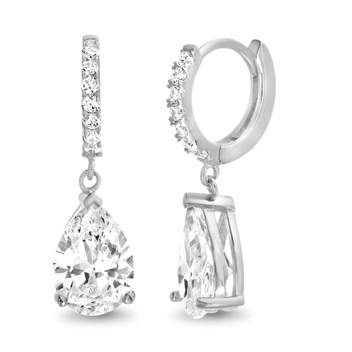 Sterling Silver Dangling CZ Teardrop Huggie Earrings