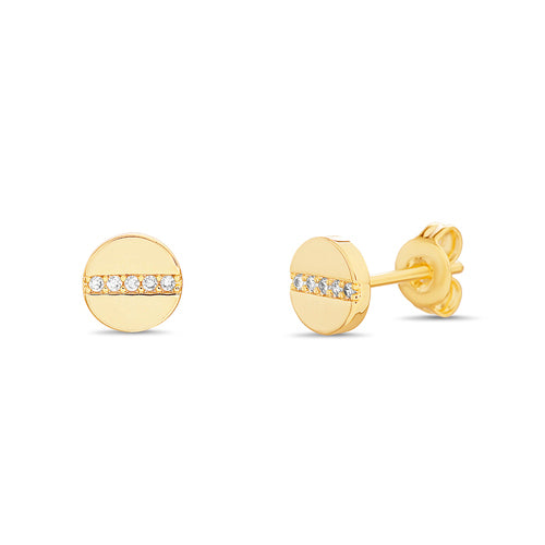 Sterling Silver Gold Plated Round Disc CZ Bar Tiny Stud Earrings