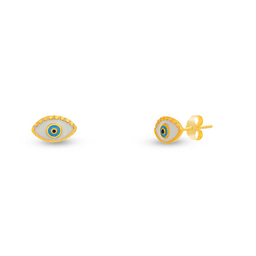 Sterling Silver Gold Plated White/Blue Enamel Evil Eye Stud Earrings