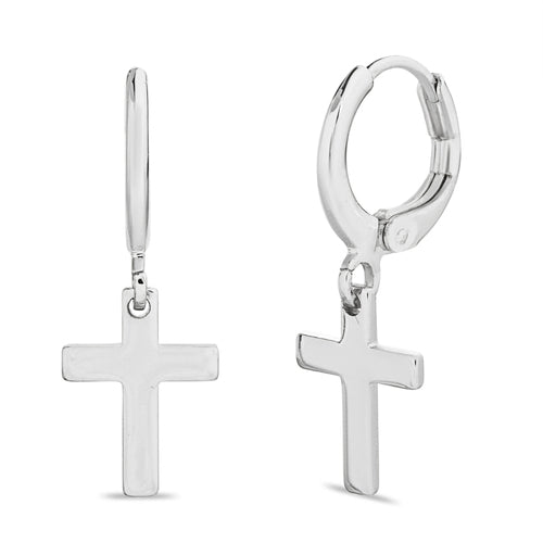Sterling Silver Plain Dangling Cross Huggie Earrings
