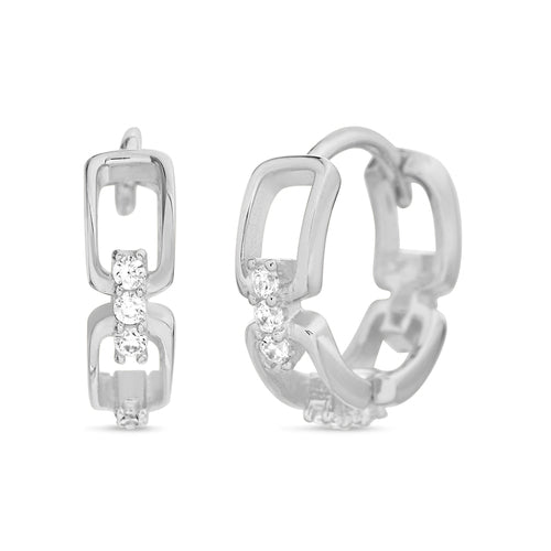 Sterling Silver Chain Link CZ Huggie Hoop Earrings
