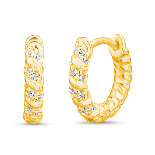 Sterling Silver Gold Plated CZ Twisted Rope Huggie Hoop Earrings