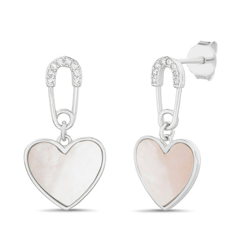 Sterling Silver CZ Safety Pin Dangling Mother Of Pearl Heart Earrings