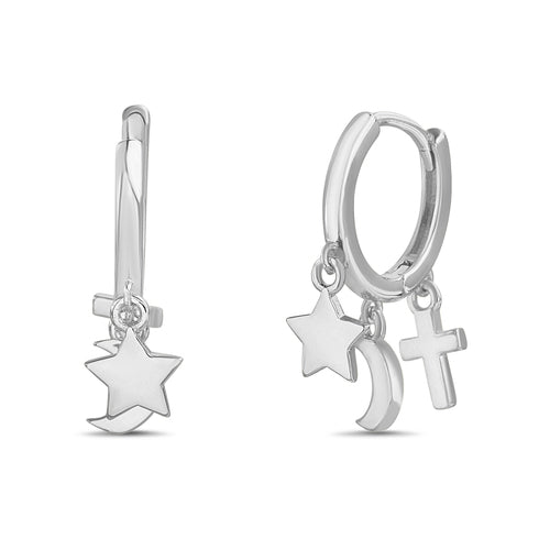 Sterling Silver Dangling Star, Moon, Cross Huggie Earrings