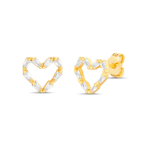 Sterling Silver Gold Plated Baguette CZ Open Heart Stud Earrings