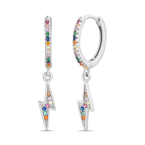 Sterling Silver Multi-Color CZ Dangling Lightning Bolt Huggie Earrings