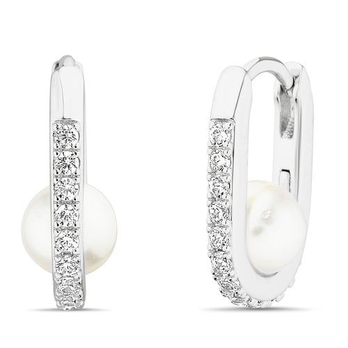 Sterling Silver CZ Pearl Oval Huggie Hoop Earrings