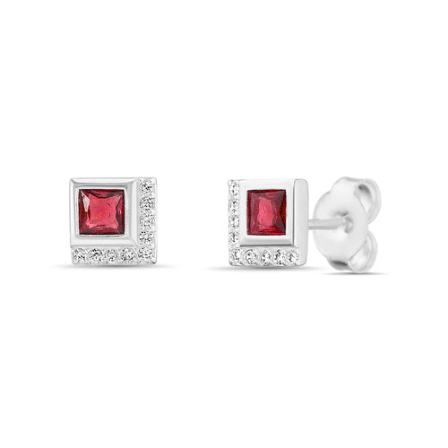 Sterling Silver Square Ruby CZ Stud Earrings