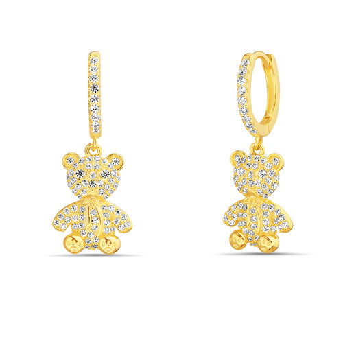Sterling Silver Gold Plated CZ Teddy Bear Huggie Earrings