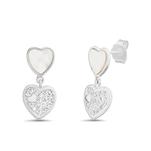 Sterling Silver MOP Heart Dangling CZ Heart Post Earrings
