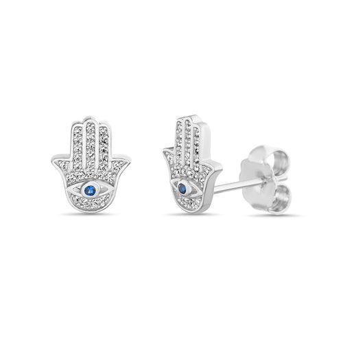 Sterling Silver CZ Hamsa Hand Evil Eye Studs