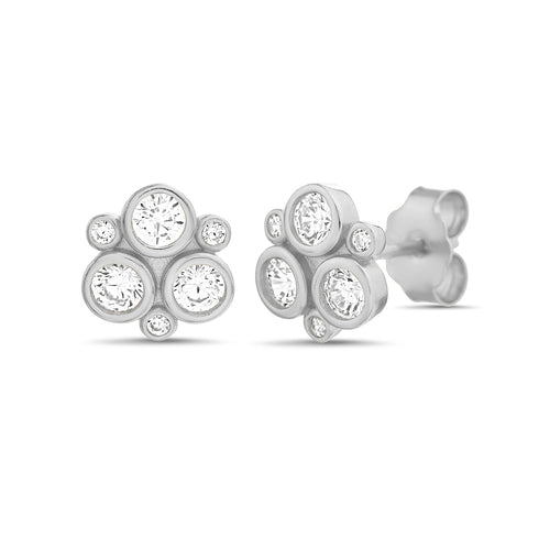 Sterling Silver Round CZ Cluster Stud Earrings