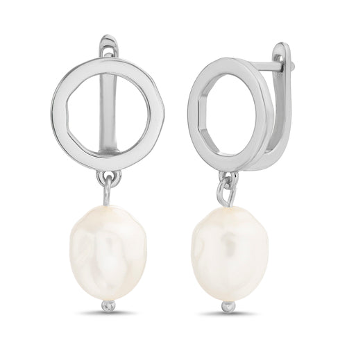 Sterling Silver Dangling Pearl Huggie Earrings