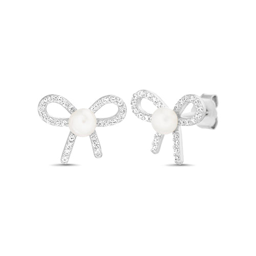 Sterling Silver CZ Ribbon Bow W/ Pearl Earrings
