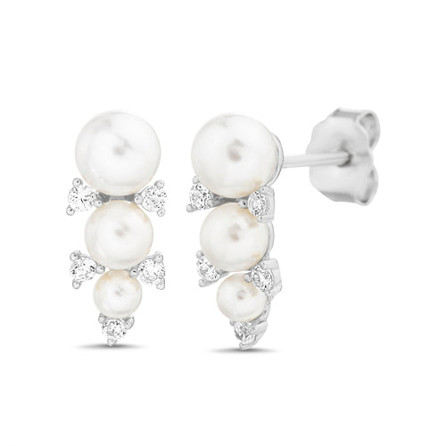 Sterling Silver Pearl CZ Cluster Earrings