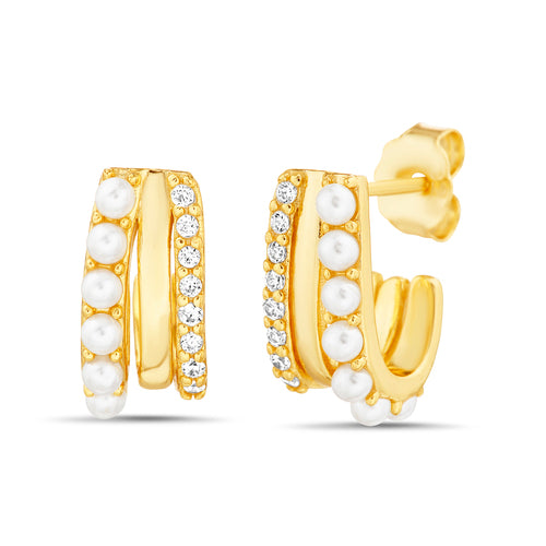 Sterling Silver CZ Pearl Tiny Open Hoop Post Earring