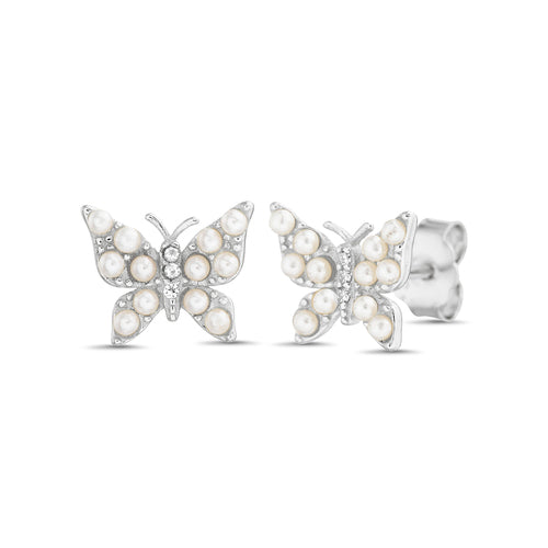 Sterling Silver Pearl & CZ Butterfly Earrings